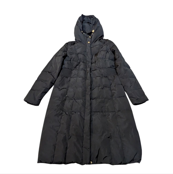 Cole Haan Coat Signature Hooded Taffeta Down Coat Cinched Waist Neutral Preppy - Picture 2 of 10